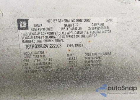 2004 GMC Savana Standard z USA, uszkodzony, nr VIN 1GTHG39U241222903